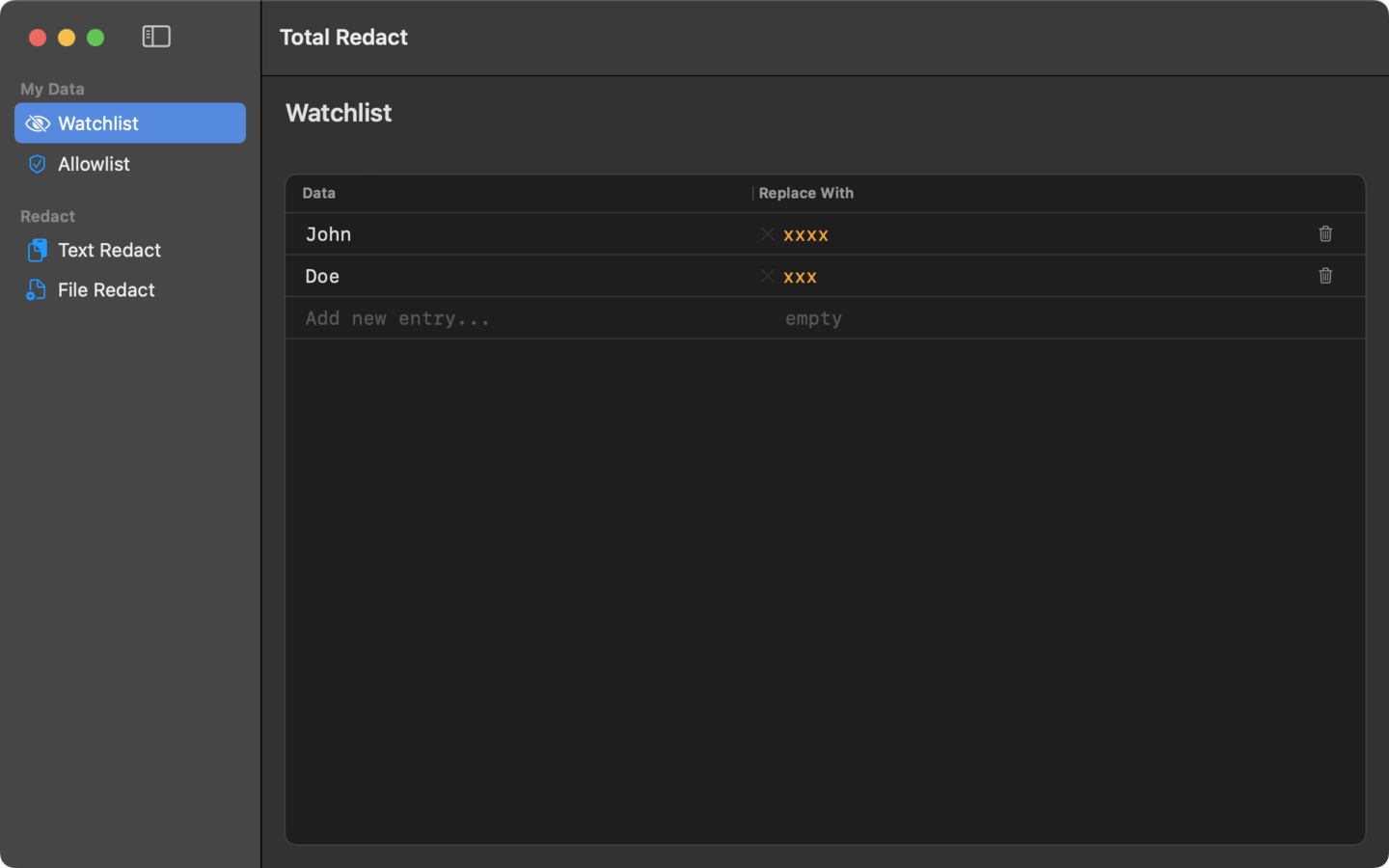 Total Redact watchlist screen showing personal values to always catch