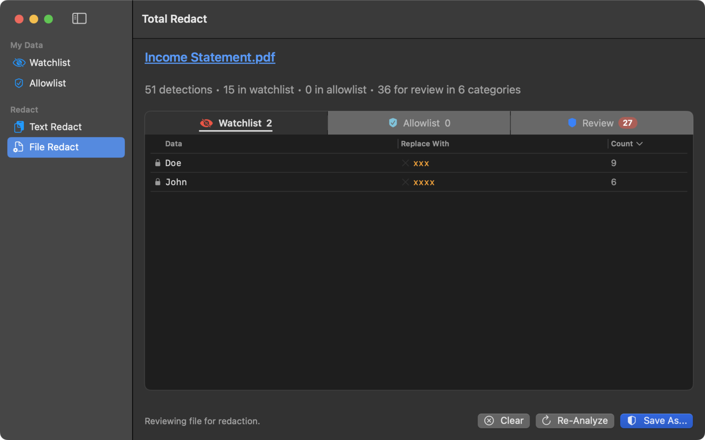 Total Redact showing watchlist matches found in a document