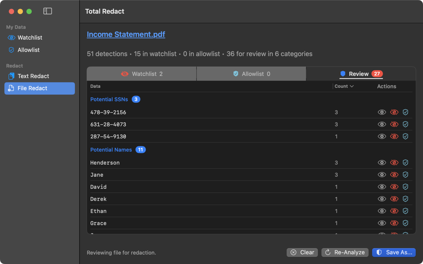Total Redact review screen with detected names, addresses, and other PII